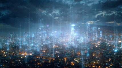 Cyberpunk Cityscape at Night Glowing Digital Data Streams Flowing Over a Futuristic Urban Skyline