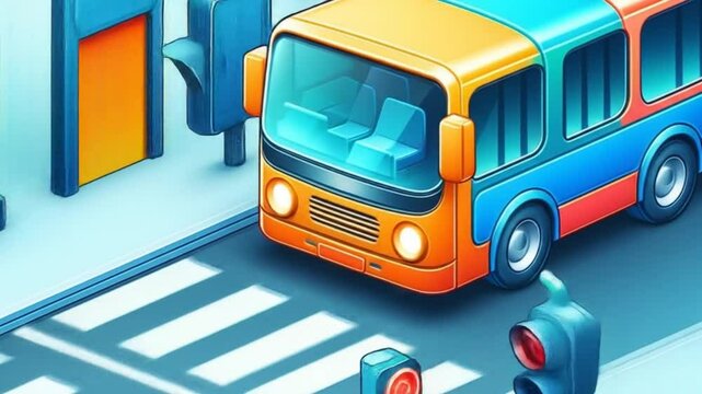  Colorful Isometric Bus and Cityscape Illustration