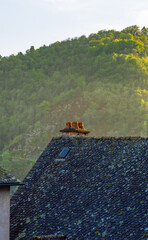Traditional slate tile roof of a medieval house with a chimney illuminated by the golden light of sunset with green hills in the background.