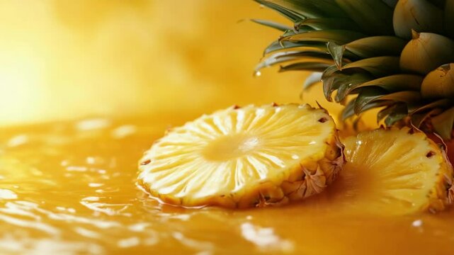 Pineapple slices with splash of juice on vibrant yellow background