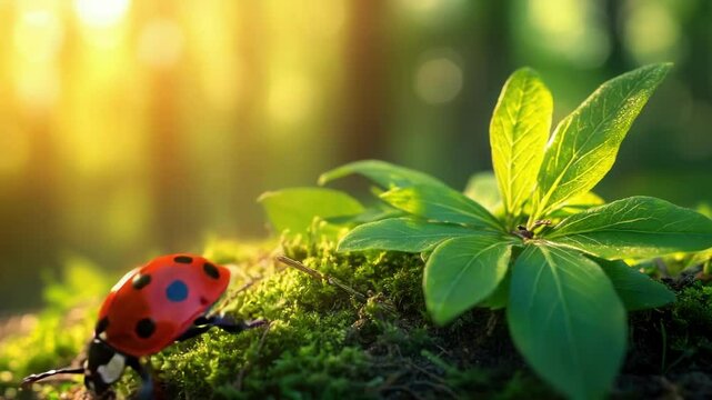 Ladybug on leaf in sunlit forest background
