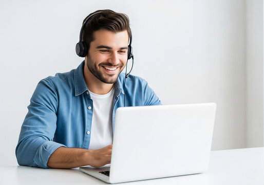 Happy Customer Service Representative using Laptop and Headset