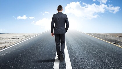 Businessman walking on long road forward.