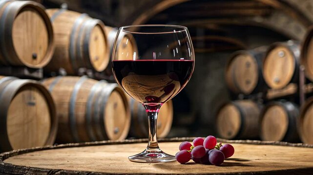 Red wine glass with grape standing on wooden barrel