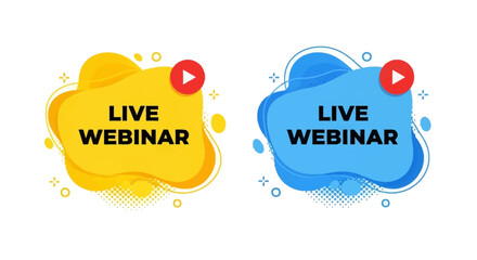 Two Abstract Live Webinar Badges: Yellow and Blue Liquid Shapes with Play Button