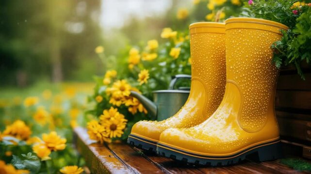 Bright yellow rain boots in garden with dewy marigolds