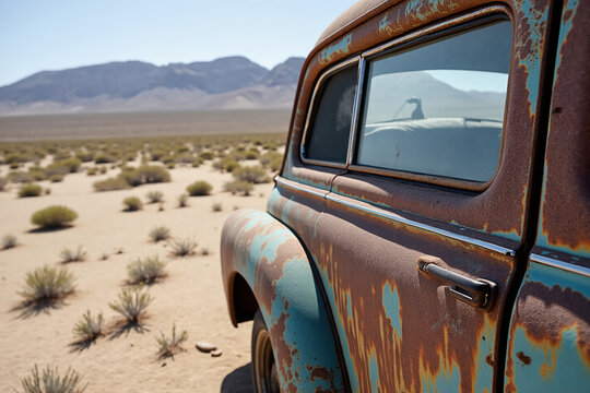 Fototapeta Rusted vintage car in arid desert landscape with distant mountains