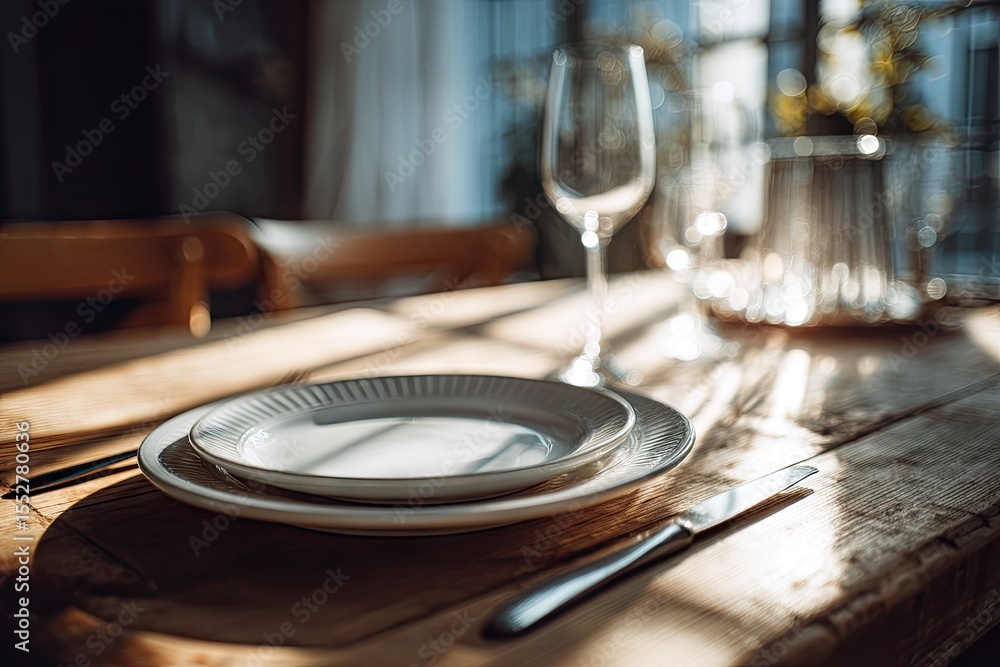 Poster sunlit rustic table setting with stacked plates, cutlery, and wine glass; shallow depth of field emp