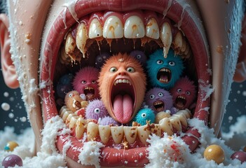 Cartoon Bacteria Monsters Attacking Teeth in a Decayed Mouth