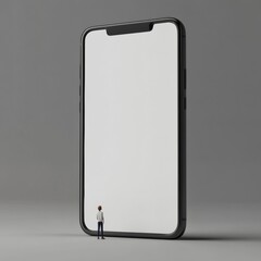 Giant smartphone surreal scene - tiny person standing beside enormous modern device
