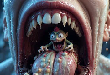 Cartoon Bacteria Monsters Attacking Teeth in a Decayed Mouth