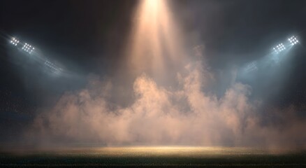 Stadium spotlights illuminate a hazy atmosphere.
