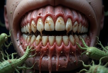 Cartoon Bacteria Monsters Attacking Teeth in a Decayed Mouth