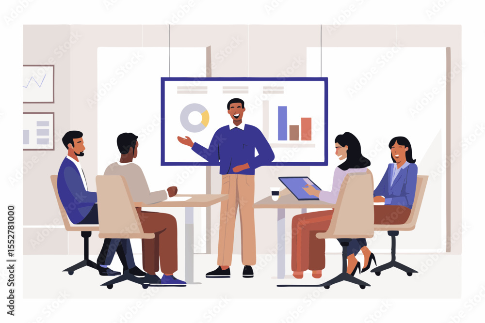 Poster diverse team collaborates during a business presentation with charts and graphs