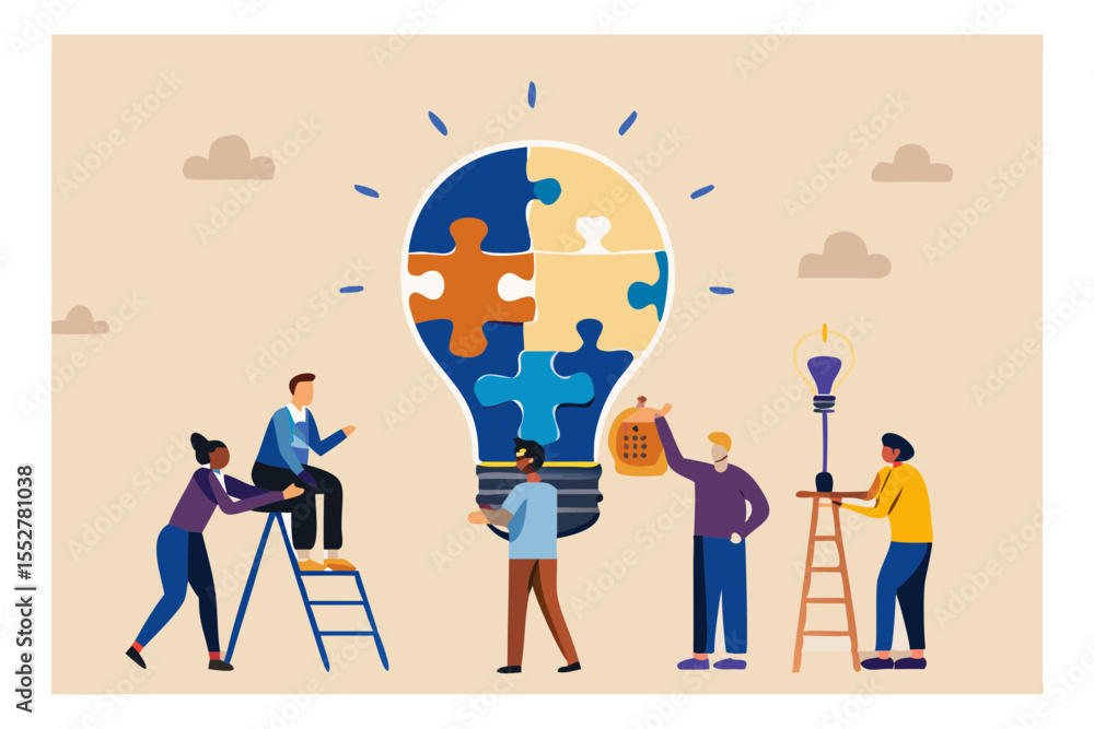 Poster teamwork and collaboration to build a bright idea represented by a puzzle lightbulb