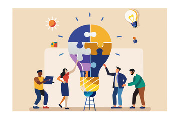 Diverse team collaborates on a giant puzzle lightbulb symbolizing shared ideas and innovation