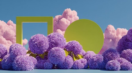 Pastel-hued 3D render of a square and circle frame amidst fluffy pink clouds and purple flower clusters on a light blue surface