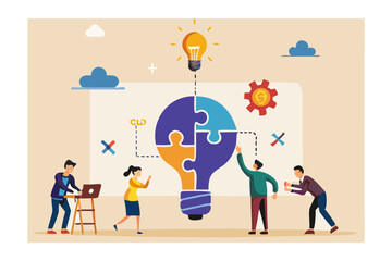 Teamwork and collaboration building a bright idea lightbulb puzzle
