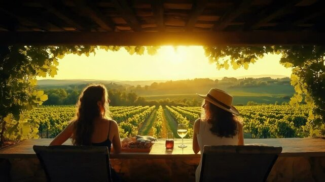 Two women enjoying sunset in vineyard with wine and snacks