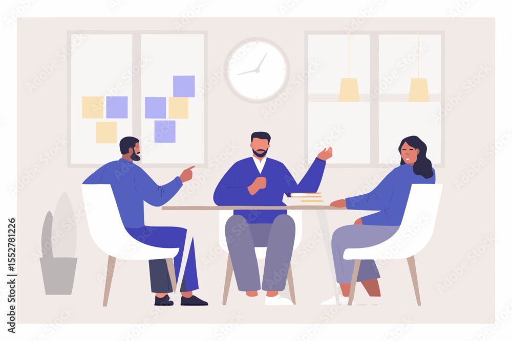 Poster diverse team collaborating and discussing ideas around a table in a modern office