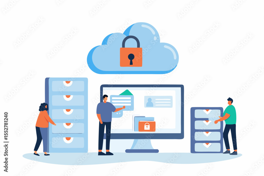 Poster people organizing digital files and data in secure cloud storage