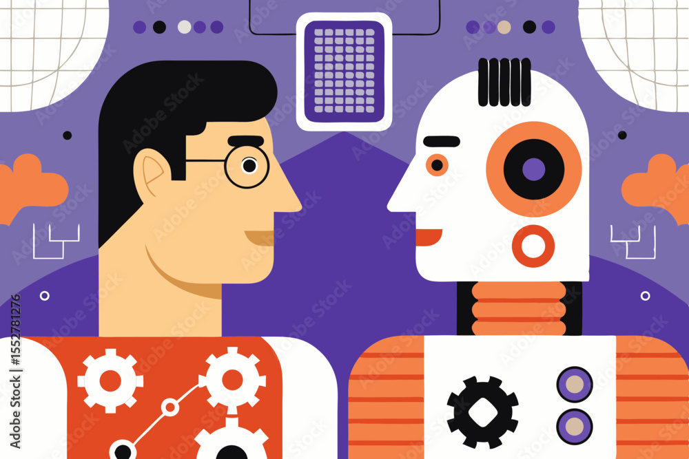 Poster human and robot facing each other with gears and technology elements