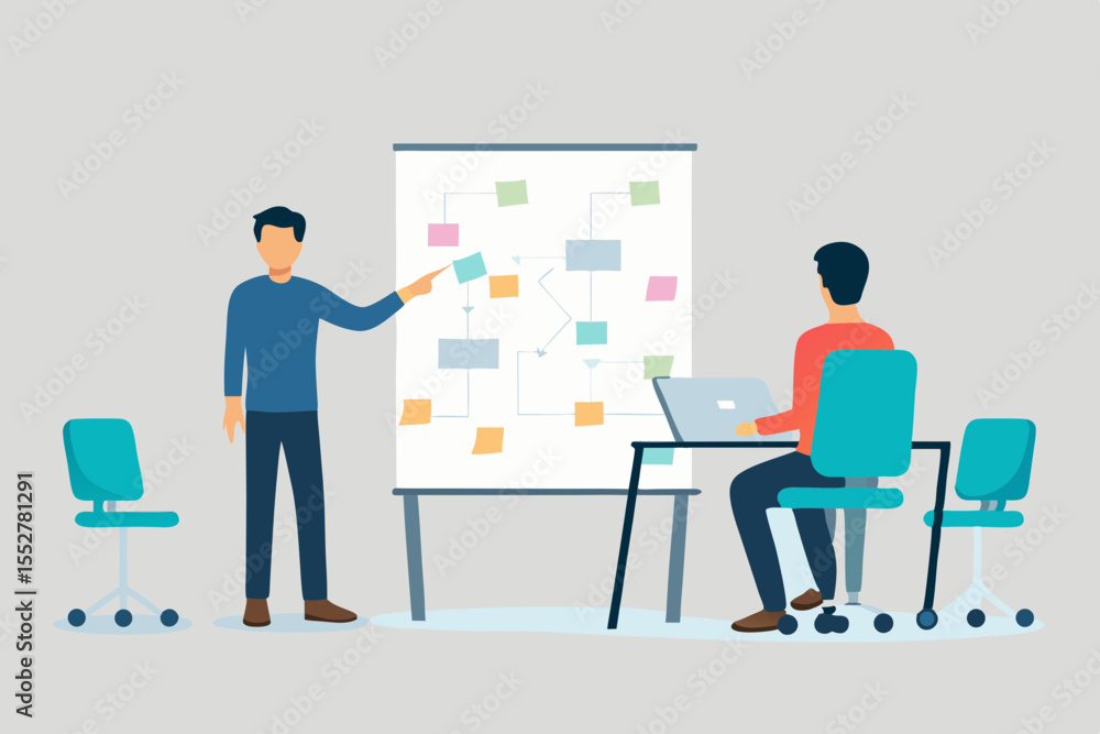 Poster man presenting a flowchart on a whiteboard to a colleague working on a laptop