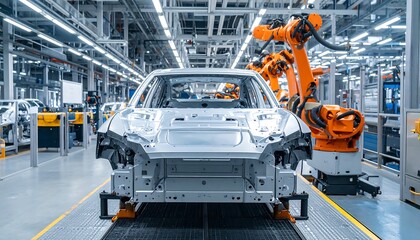 Car body and robot arm at factory.