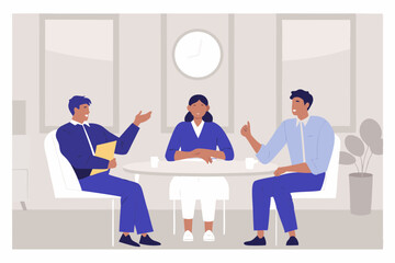 Three people in a meeting discussing ideas around a table