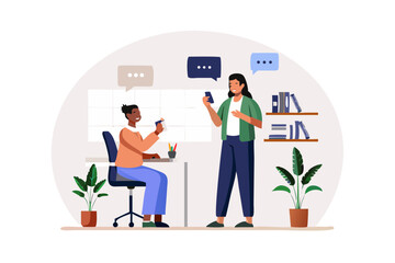 Two colleagues communicating using smartphones and speech bubbles in an office setting