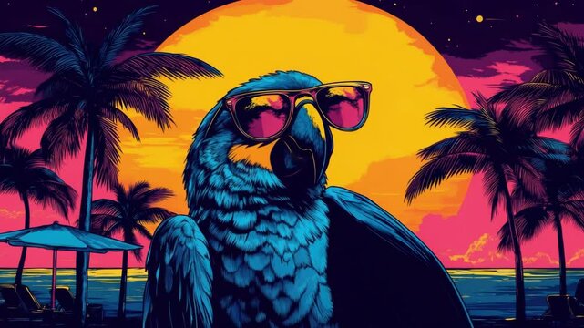 Vibrant tropical parrot in sunglasses at sunset beach with palm trees