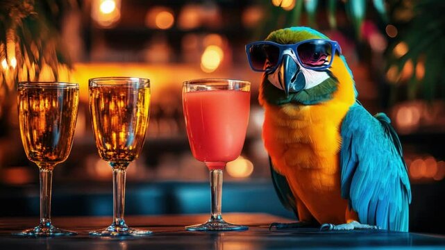 Colorful parrot wearing sunglasses enjoying drinks at a lively bar setting