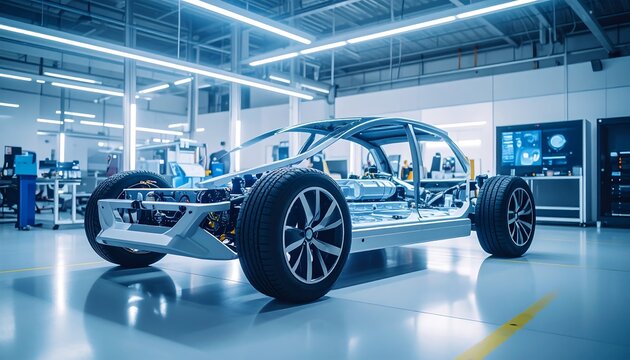 Car chassis assembly line in factory.