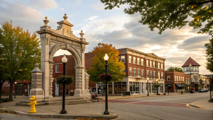 Fototapeta premium A bustling city street featuring a historic stone arch and a tall clock tower in the background