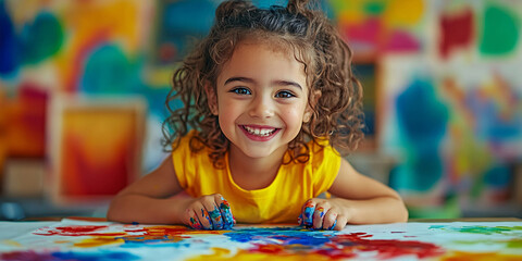 A cheerful toddler joyfully engages in finger painting,