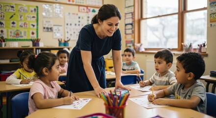 Teacher interacting with young children in a bright classroom environment promoting education and learning illustrating development instruction and interaction within a supportive community