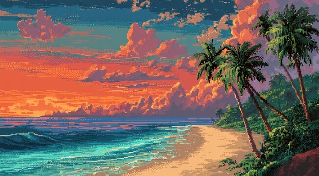 Pixel art sunset over a tropical beach with palm trees, vibrant orange and pink sky, teal ocean waves lapping a sandy shore - Powered by Adobe