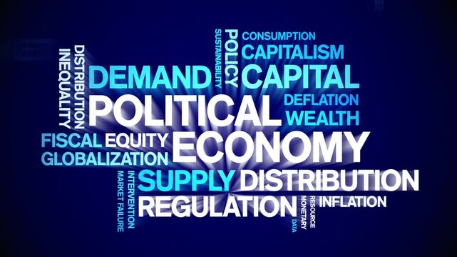 Political Economy animated word cloud;text design animation tag kinetic typography seamless loop.