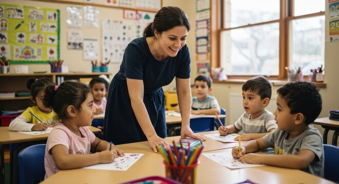 Teacher interacting with young children in a bright classroom environment promoting education and learning illustrating development instruction and interaction within a supportive community