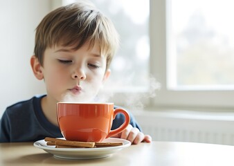 Young boy blowing on steaming cup of tea at home table  