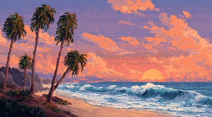 Pixel art depicts a sunset over a tropical beach, featuring several palm trees on a sandy shore with gentle waves rolling in under a vibrant, colorful sky