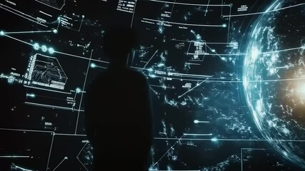 Silhouette of a person observing a digital globe projection showcasing global network data. - Powered by Adobe