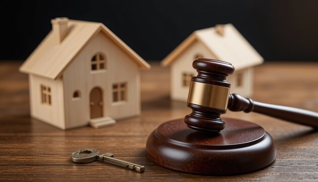 Judge gavel, wooden house key chain. Concept of real estate auction, home sale. Divorce, division property, legal law, real estate business, mortgage, investment, eviction, bankruptcy.