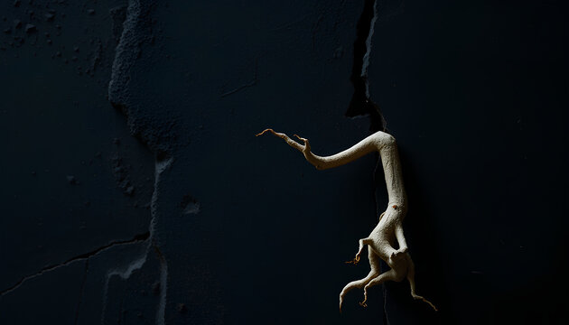 Fototapeta Single root gripping the fracture of a dark stone slab, minimalist nature concept with high contrast lighting 2