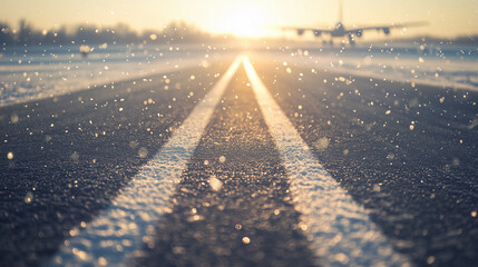 Snow-covered runway with faint tire tracks, soft sunlight casting long shadows, distant planes blurred, shallow focus. Winter serenity in motion.
﻿