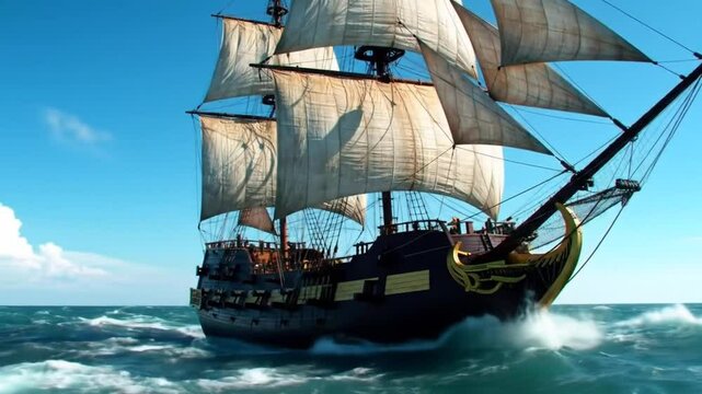 Historic wooden sailing ship navigating stormy sea under clear blue sky, seamless looping time-lapse 4k video background