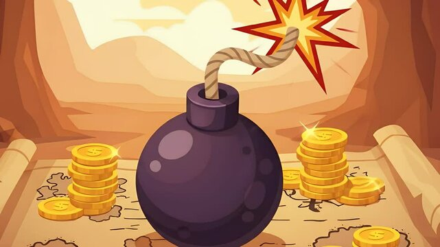 Cartoon bomb on treasure map with glowing fuse