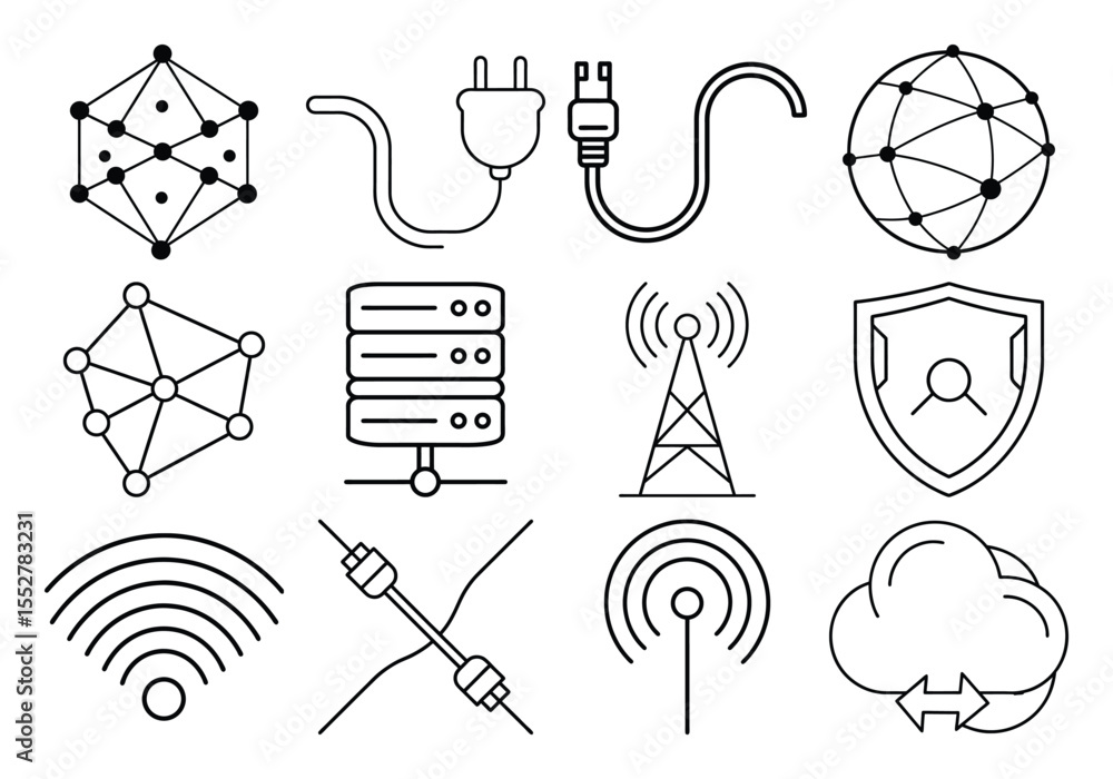 Poster collection of technology and network icons including a globe server and wi fi signal isolated on whi