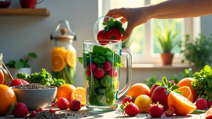 A person is preparing a healthy smoothie in a vibrant modern kitchen putting on a blender fresh fruits and vegetables, healthy lifestyle cincept	
 - Powered by Adobe