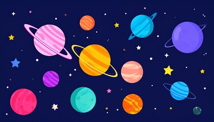 Cartoon planets and stars in dark space.